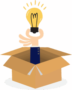 a hand coming out of a box holding a light bulb